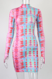 Green Sexy Print Hollowed Out Half A Turtleneck Pencil Skirt Dresses