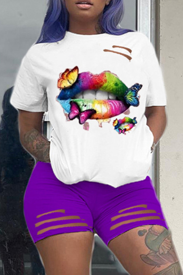 Purple Fashion Casual Print Ripped O Neck Short Sleeve Two Pieces