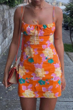 Tangerine Red Sexy Print Patchwork Spaghetti Strap Pencil Skirt Dresses