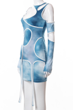 Blue Sexy Print Hollowed Out Halter Pencil Skirt Dresses