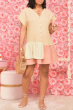 Apricot Fashion Casual Patchwork Buckle V Neck Short Sleeve Dress