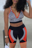 Blue Sexy Casual Patchwork Print Basic V Neck Sleeveless Two Pieces