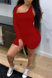 Red Sexy Casual Solid Hollowed Out Asymmetrical Oblique Collar Skinny Romper