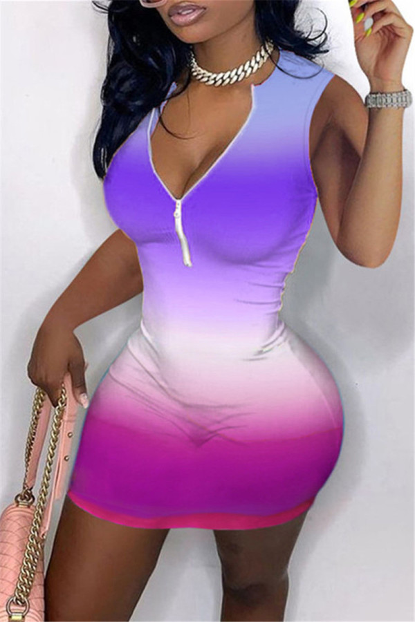 Purple Fashion Casual Gradual Change Print Basic Zipper Collar Sleeveless Dress