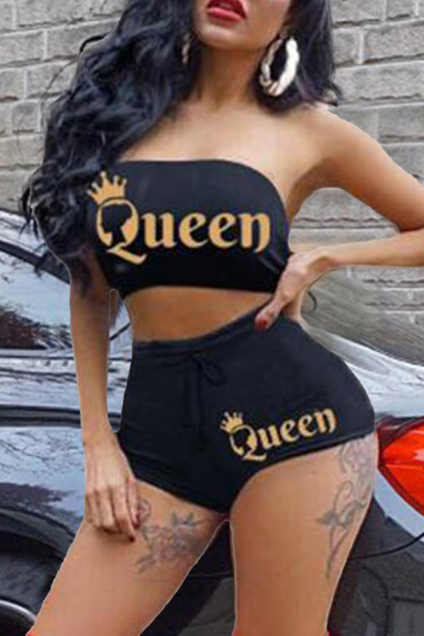 Black Gold Sexy Casual Letter Print Backless Strapless Sleeveless Two Pieces