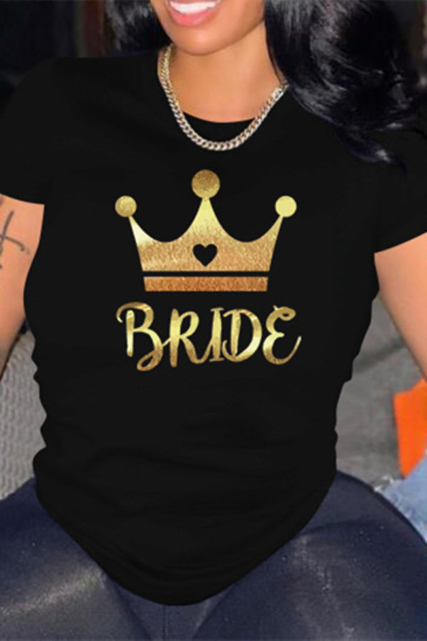 Black Fashion Casual Print Basic O Neck T-Shirts