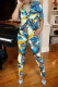 Blue Fashion Casual Print Basic V Neck Short Sleeve Two Pieces