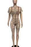 Leopard Print Casual Print Patchwork O Neck Short Sleeve Two Pieces