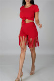 Red Fashion Casual Solid Tassel O Neck Short Sleeve Two Pieces