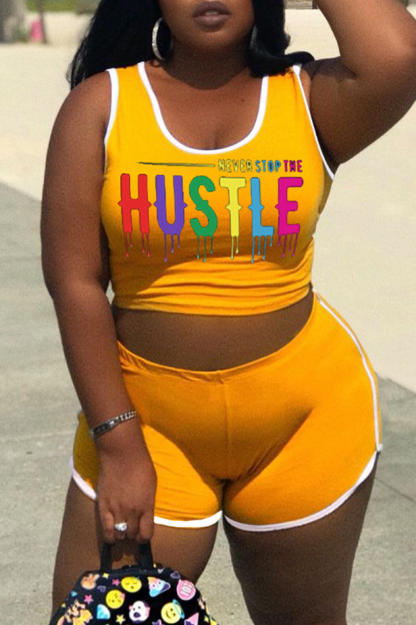 Yellow Fashion Casual Letter Print Vests U Neck Sleeveless Two Pieces