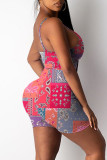 Red Casual Print Patchwork Spaghetti Strap Two Pieces