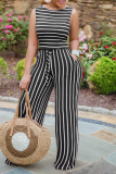 Black Casual Striped Patchwork O Neck Sleeveless Two Pieces