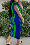 Blue Sexy Print Patchwork O Neck Sleeveless Two Pieces
