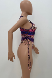 Gradient Color Sexy Print Hollowed Out Patchwork Draw String Swimwears