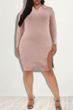 Pink Fashion Casual Solid Slit Turndown Collar Long Sleeve Dresses