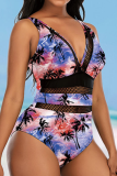 White Sexy Print Hollowed Out Split Joint Mesh Swimwears