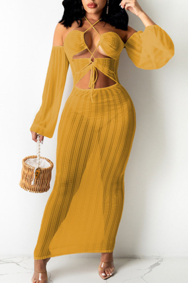 Orange Sexy Solid Hollowed Out Patchwork Frenulum See-through Halter Irregular Dress Dresses