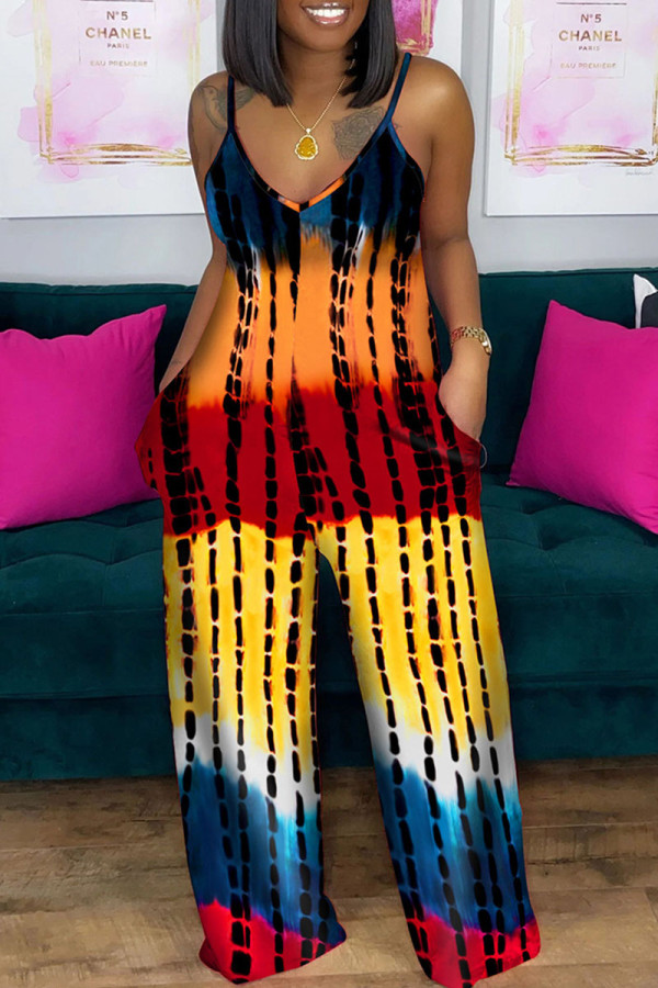 Orange Casual Print Patchwork Pocket V Neck Loose Jumpsuits