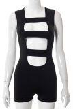 Black Sexy Solid Hollowed Out Square Collar Skinny Rompers