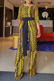 Yellow Casual Print Split Joint O Neck Straight Jumpsuits