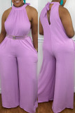 Light Purple Fashion Casual Solid Hollowed Out Without Belt O Neck Regular Jumpsuits