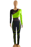 Orange Sexy Patchwork Hollowed Out Mesh O Neck Long Sleeve Two Pieces