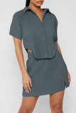 Grey Casual Solid Patchwork Asymmetrical Turndown Collar Short Sleeve Two Pieces