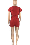 Red Casual Solid Ripped Hollowed Out Patchwork V Neck Short Sleeve Two Pieces