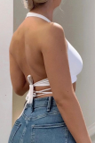 Yellow Sexy Solid Patchwork Halter Tops