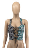 Green Sexy Casual Patchwork Print Bandage Hollowed Out Tops