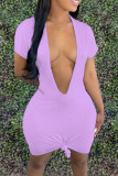 Purple Fashion Casual Solid Basic V Neck Short Sleeve Dress Dresses
