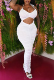 White Sexy Solid Hollowed Out Backless Slit Fold Halter Sleeveless Dress