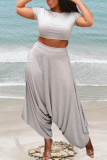 Grey Casual Solid Patchwork O Neck Short Sleeve Two Pieces
