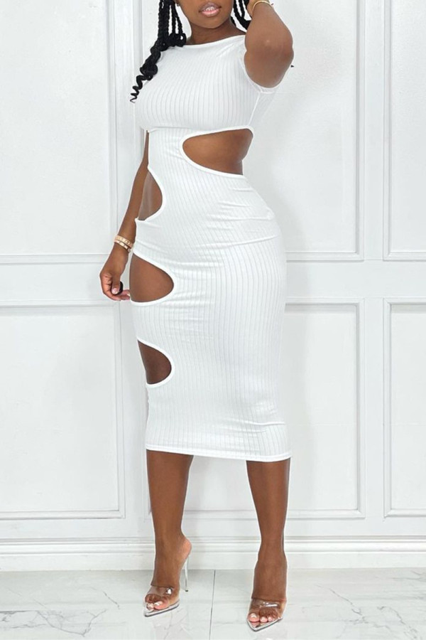 White Fashion Sexy Solid Hollowed Out O Neck Short Sleeve Dress Dresses