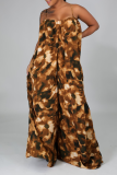 Cream White Sexy Leopard Patchwork Spaghetti Strap Loose Jumpsuits
