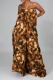 Tangerine Red Sexy Leopard Patchwork Spaghetti Strap Loose Jumpsuits