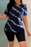 Light Blue Casual Print Patchwork O Neck Mid Waist T-Shirts