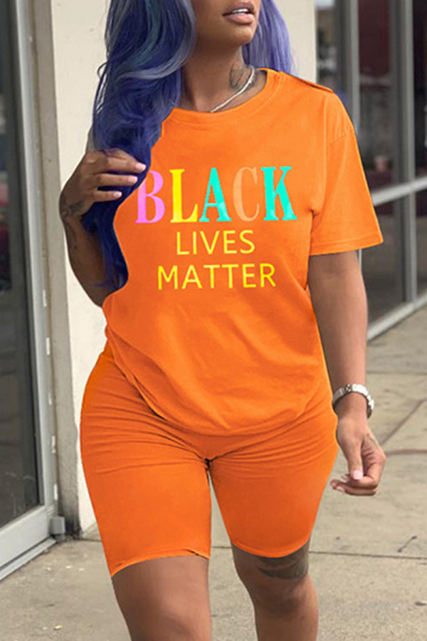 Orange Fashion Casual Letter Print Basic O Neck Short Sleeve Two Pieces