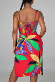Red Fashion Sexy Print Bandage Backless Swimwears