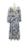 Multicolor Fashion Sexy Print Hollowed Out Backless Slit V Neck Long Sleeve Dresses
