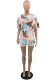 White Casual Print Patchwork O Neck T-Shirts