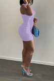 Pink Casual Solid Patchwork O Neck Pencil Skirt Dresses