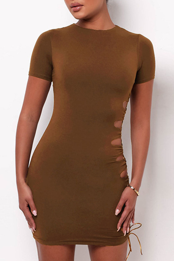 Brown Sexy Solid Hollowed Out Split Joint Frenulum O Neck Short Sleeve Dress Dresses