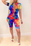 Blue Sexy Striped Tie-dye Zipper Collar Skinny Rompers