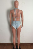 Light Blue Fashion Sexy Solid Backless Strap Design Halter Sleeveless Two Pieces Swimwears