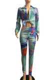Blue Casual Print Patchwork Turndown Collar Long Sleeve Two Pieces