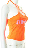 Tangerine Sexy Print Patchwork Frenulum Halter Tops