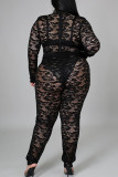 Black Sexy Solid Split Joint See-through O Neck Plus Size Two Pieces