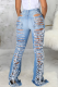 Blue Sexy Solid Ripped Mid Waist Boot Cut Denim Jeans