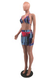 Blue Fashion Sexy Print Tie Dye Bandage Backless Swimwears
